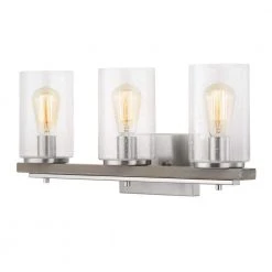 Boswell Quarter 8 in. 3-Light Brushed Nickel Vanity Light with Weathered Wood Accents by Hampton Bay