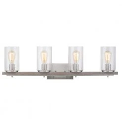 Boswell Quarter 33-1/4 in. 4-Light Brushed Nickel Farmhouse Vanity Light with Painted Weathered Gray Wood Accents by Hampton Bay