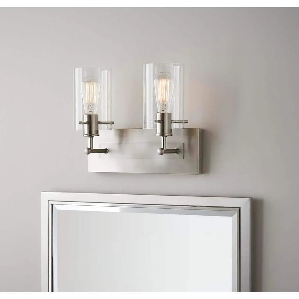 Regan 12.75 in. 2-Light Brushed Nickel Vanity Light with Clear Glass Shades by Hampton Bay 3 Regan 12.75 in. 2-Light Brushed Nickel Vanity Light with Clear Glass Shades by Hampton Bay - Image 3