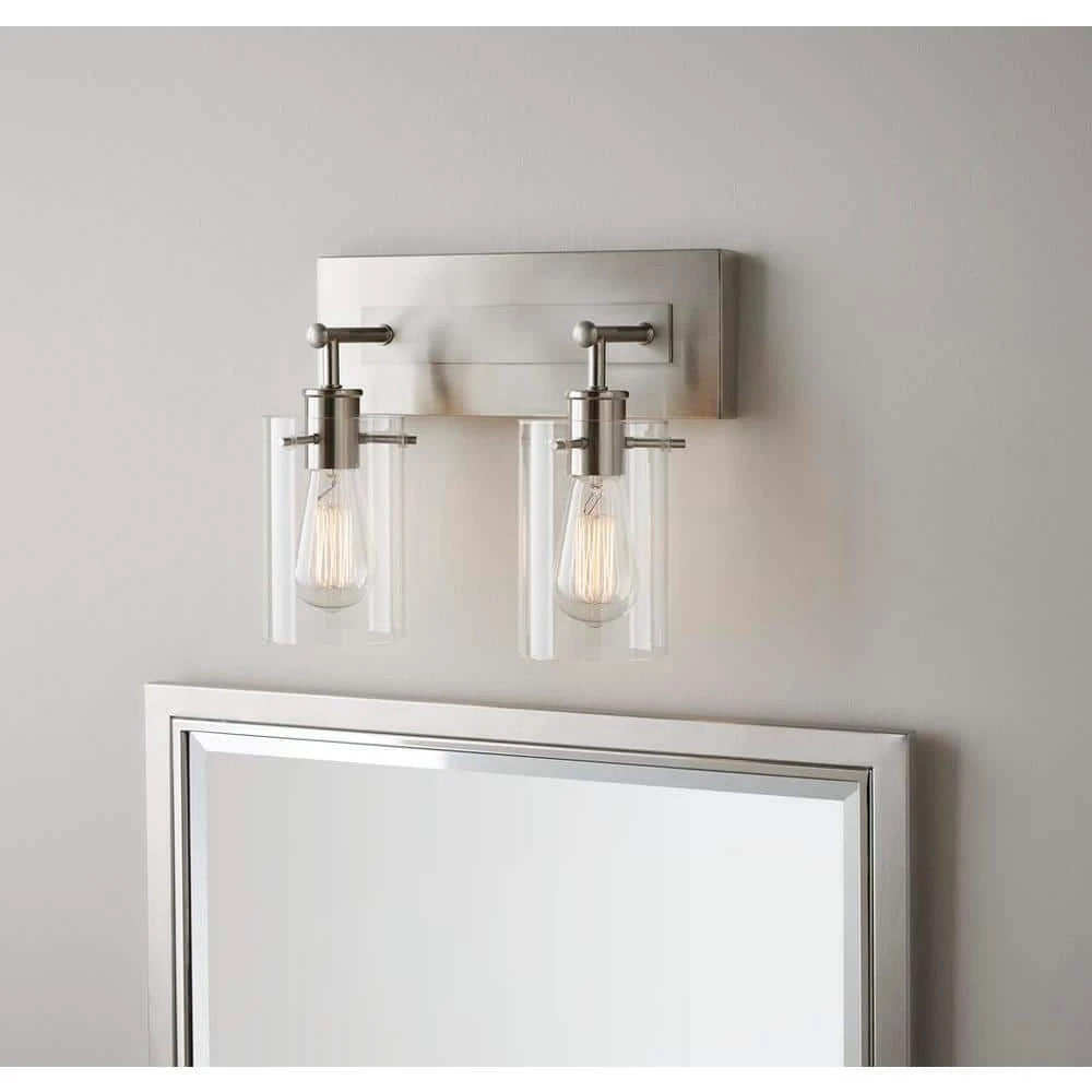 Regan 12.75 in. 2-Light Brushed Nickel Vanity Light with Clear Glass Shades by Hampton Bay 2 Regan 12.75 in. 2-Light Brushed Nickel Vanity Light with Clear Glass Shades by Hampton Bay - Image 2