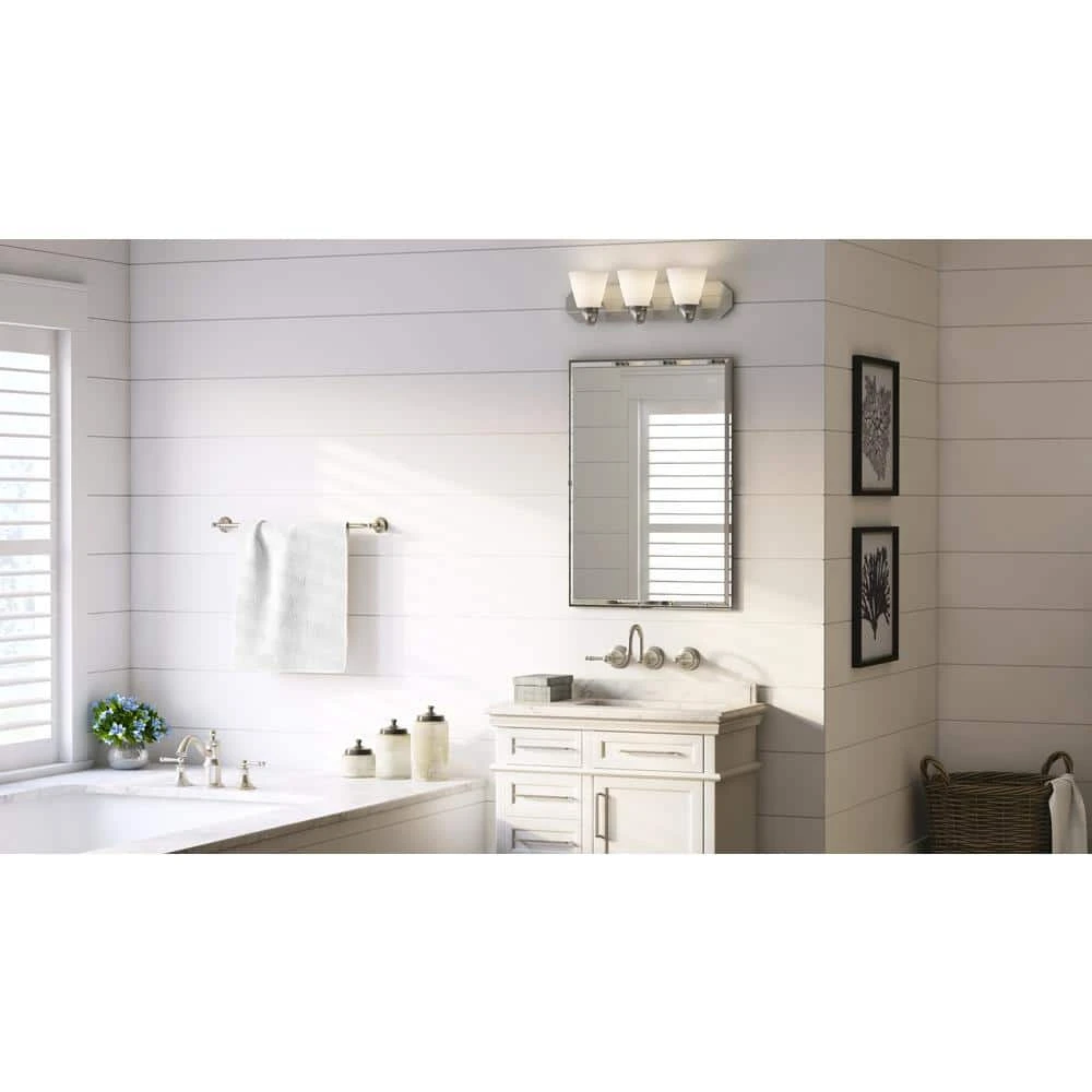 Tavish 24 in. 3-Light Brushed Nickel Classic Bathroom Vanity Light with Frosted Shades by Hampton Bay 7 Tavish 24 in. 3-Light Brushed Nickel Classic Bathroom Vanity Light with Frosted Shades by Hampton Bay - Image 7