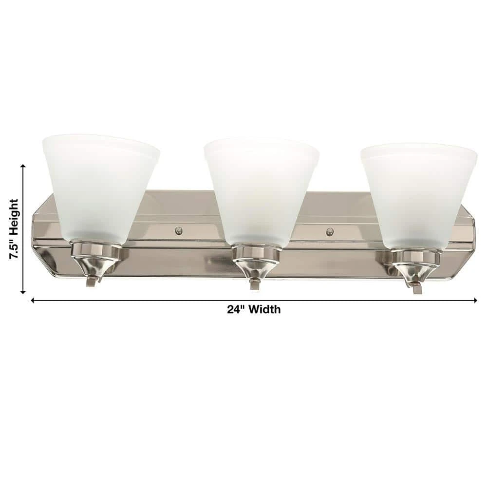 Tavish 24 in. 3-Light Brushed Nickel Classic Bathroom Vanity Light with Frosted Shades by Hampton Bay 4 Tavish 24 in. 3-Light Brushed Nickel Classic Bathroom Vanity Light with Frosted Shades by Hampton Bay - Image 4