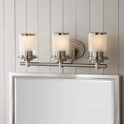 Truitt 23.25 in. 3-Light Brushed Nickel Transitional Bathroom Vanity Light with Frosted and Clear Edge Glass Shades by Hampton Bay -Hampton Bay Sales brushed nickel hampton bay vanity lighting hb2577 35 c3 1000
