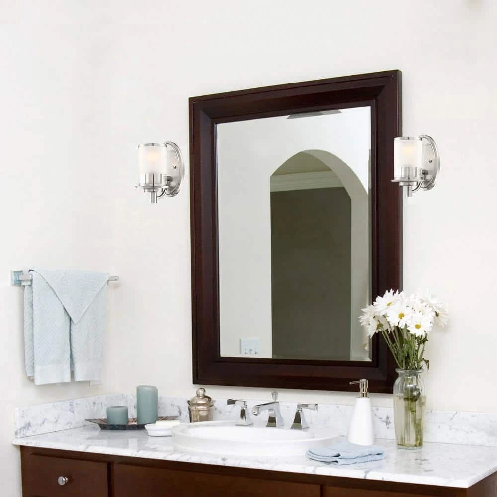 Truitt 5 in. 1-Light Brushed Nickel Transitional Wall Mount Sconce Light with Frosted and Clear Edge Glass Shade by Hampton Bay 4 Truitt 5 in. 1-Light Brushed Nickel Transitional Wall Mount Sconce Light with Frosted and Clear Edge Glass Shade by Hampton Bay - Image 4