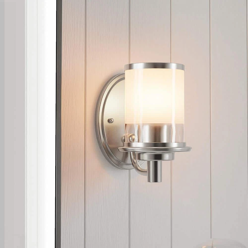 Truitt 5 in. 1-Light Brushed Nickel Transitional Wall Mount Sconce Light with Frosted and Clear Edge Glass Shade by Hampton Bay 2 Truitt 5 in. 1-Light Brushed Nickel Transitional Wall Mount Sconce Light with Frosted and Clear Edge Glass Shade by Hampton Bay - Image 2