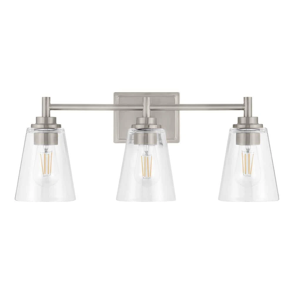 Wakefield 22 in. 3-Light Brushed Nickel Modern Wall Mount Sconce Light with Clear Glass Shades by Hampton Bay 1 Wakefield 22 in. 3-Light Brushed Nickel Modern Wall Mount Sconce Light with Clear Glass Shades by Hampton Bay