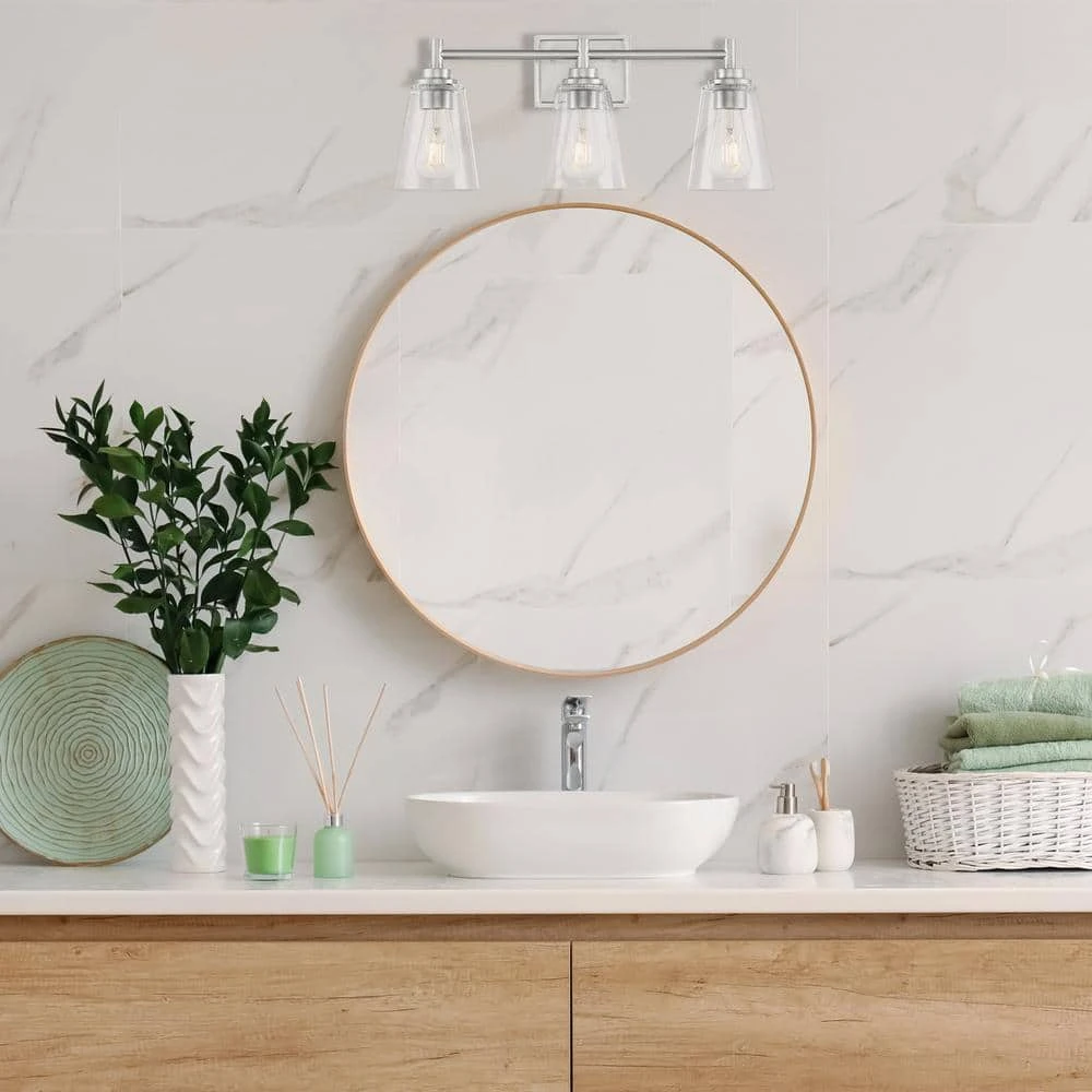 Wakefield 22 in. 3-Light Brushed Nickel Modern Wall Mount Sconce Light with Clear Glass Shades by Hampton Bay 2 Wakefield 22 in. 3-Light Brushed Nickel Modern Wall Mount Sconce Light with Clear Glass Shades by Hampton Bay - Image 2