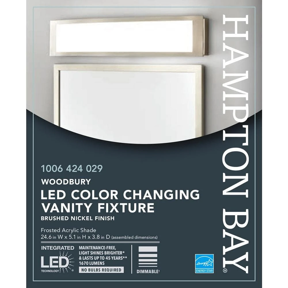 Woodbury 24.6 in. 1-Light Brushed Nickel Integrated LED Bathroom Vanity Light Bar with Frosted Acrylic Shade by Hampton Bay 9 Woodbury 24.6 in. 1-Light Brushed Nickel Integrated LED Bathroom Vanity Light Bar with Frosted Acrylic Shade by Hampton Bay - Image 9