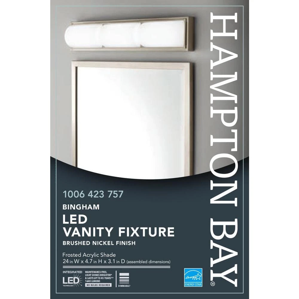 Bingham 24.02 in. 1-Light Brushed Nickel Integrated LED Bathroom Vanity Light Bar with Frosted Acrylic Shade by Hampton Bay 7 Bingham 24.02 in. 1-Light Brushed Nickel Integrated LED Bathroom Vanity Light Bar with Frosted Acrylic Shade by Hampton Bay - Image 7