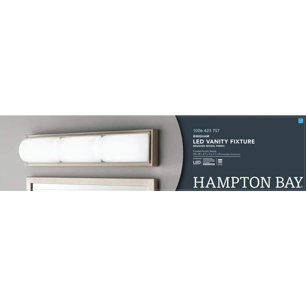 Bingham 24.02 in. 1-Light Brushed Nickel Integrated LED Bathroom Vanity Light Bar with Frosted Acrylic Shade by Hampton Bay 10 Bingham 24.02 in. 1-Light Brushed Nickel Integrated LED Bathroom Vanity Light Bar with Frosted Acrylic Shade by Hampton Bay - Image 10