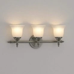 Olgelthorpe 3-Light Brushed Nickel Bathroom Vanity Light Fixture with Bell Shaped Frosted Glass Shades by Hampton Bay -Hampton Bay Sales brushed nickel hampton bay vanity lighting nb39302 40 1000