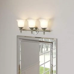Olgelthorpe 3-Light Brushed Nickel Bathroom Vanity Light Fixture with Bell Shaped Frosted Glass Shades by Hampton Bay -Hampton Bay Sales brushed nickel hampton bay vanity lighting nb39302 d4 1000
