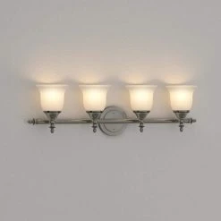 Olgelthorpe 4-Light Brushed Nickel Bathroom Vanity Light Fixture with Bell Shaped Frosted Glass Shades by Hampton Bay -Hampton Bay Sales brushed nickel hampton bay vanity lighting nb49302 40 1000