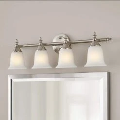 Olgelthorpe 4-Light Brushed Nickel Bathroom Vanity Light Fixture with Bell Shaped Frosted Glass Shades by Hampton Bay -Hampton Bay Sales brushed nickel hampton bay vanity lighting nb49302 4f 1000