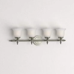 Olgelthorpe 4-Light Brushed Nickel Bathroom Vanity Light Fixture with Bell Shaped Frosted Glass Shades by Hampton Bay -Hampton Bay Sales brushed nickel hampton bay vanity lighting nb49302 a0 1000