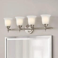 Olgelthorpe 4-Light Brushed Nickel Bathroom Vanity Light Fixture with Bell Shaped Frosted Glass Shades by Hampton Bay -Hampton Bay Sales brushed nickel hampton bay vanity lighting nb49302 c3 1000