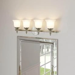 Olgelthorpe 4-Light Brushed Nickel Bathroom Vanity Light Fixture with Bell Shaped Frosted Glass Shades by Hampton Bay -Hampton Bay Sales brushed nickel hampton bay vanity lighting nb49302 d4 1000