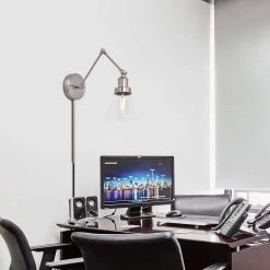 1-Light Brushed Nickel Plug-In/Hardwired Swing Arm Wall Lamp with 6 ft. Fabric Cord and Clear Glass Shade by Hampton Bay -Hampton Bay Sales brushed nickel hampton bay wall lamps ew11475sba c 31 1000