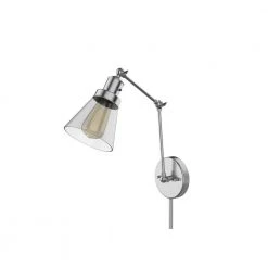1-Light Brushed Nickel Plug-In/Hardwired Swing Arm Wall Lamp with 6 ft. Fabric Cord and Clear Glass Shade by Hampton Bay