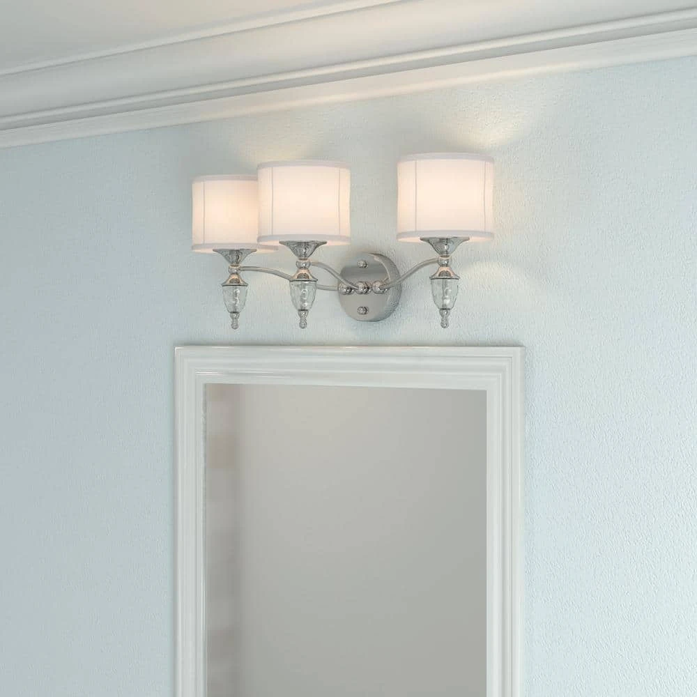 Waterton 3-Light Chrome Sconce with White Fabric Shades by Hampton Bay 8 Waterton 3-Light Chrome Sconce with White Fabric Shades by Hampton Bay - Image 8
