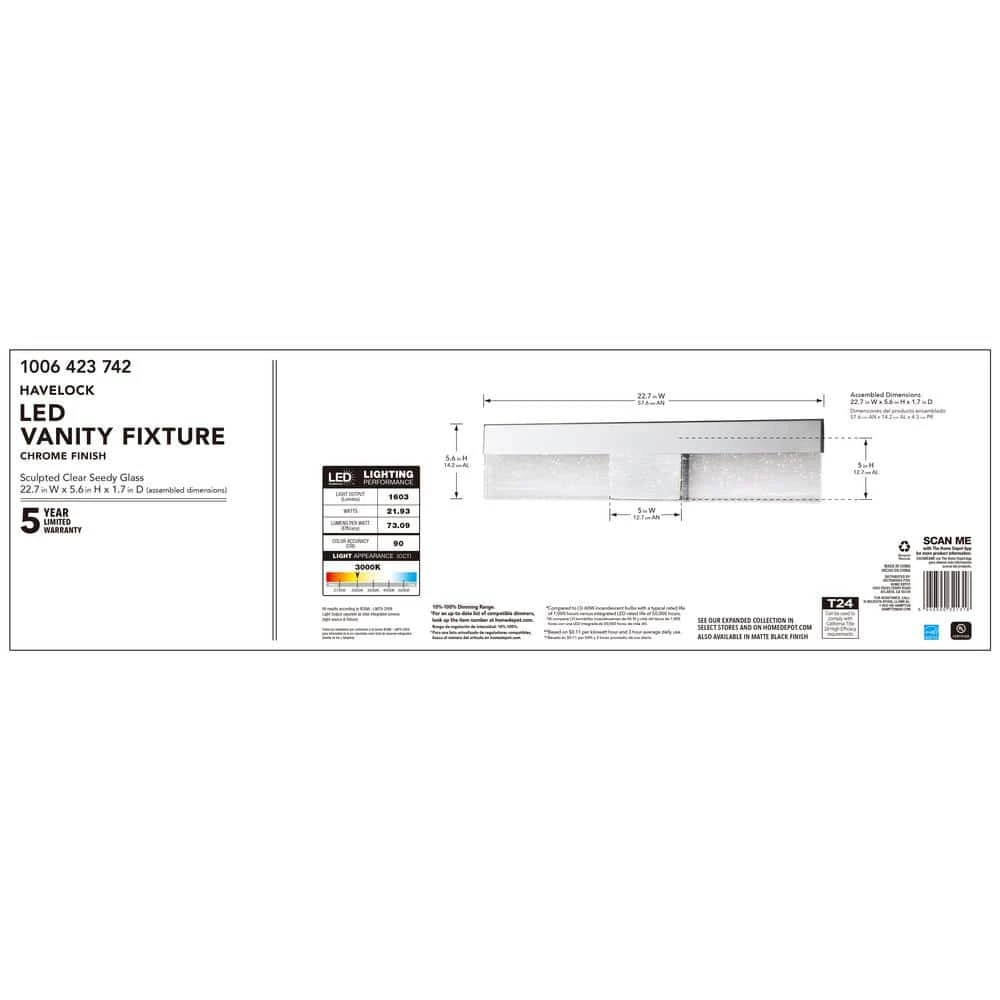 Havelock 22.7 in. 1-Light Chrome Integrated LED Bathroom Vanity Light Bar with Clear Seedy Glass by Hampton Bay 10 Havelock 22.7 in. 1-Light Chrome Integrated LED Bathroom Vanity Light Bar with Clear Seedy Glass by Hampton Bay - Image 10