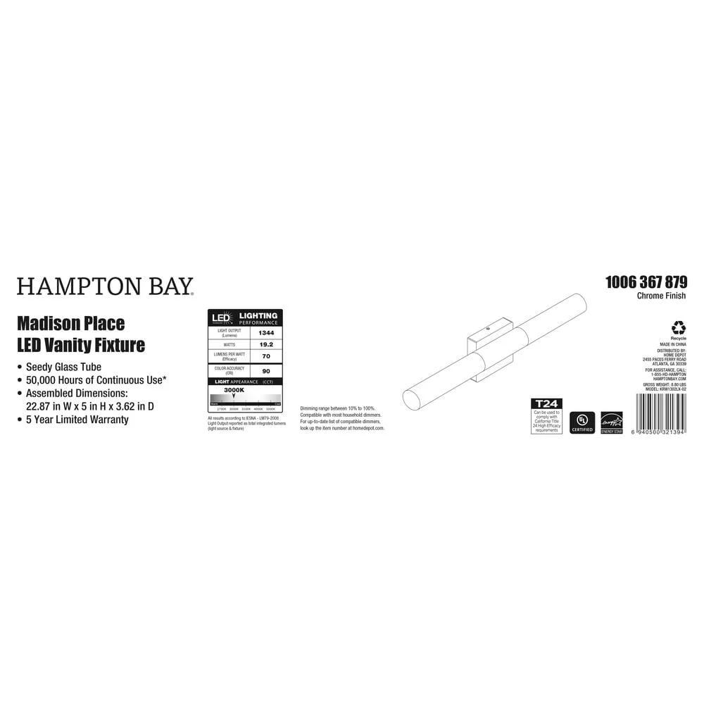 Madison Place 22.87 in. 1-Light Chrome Integrated LED Bathroom Vanity Light Bar with Seedy Glass Tube by Hampton Bay 6 Madison Place 22.87 in. 1-Light Chrome Integrated LED Bathroom Vanity Light Bar with Seedy Glass Tube by Hampton Bay - Image 6