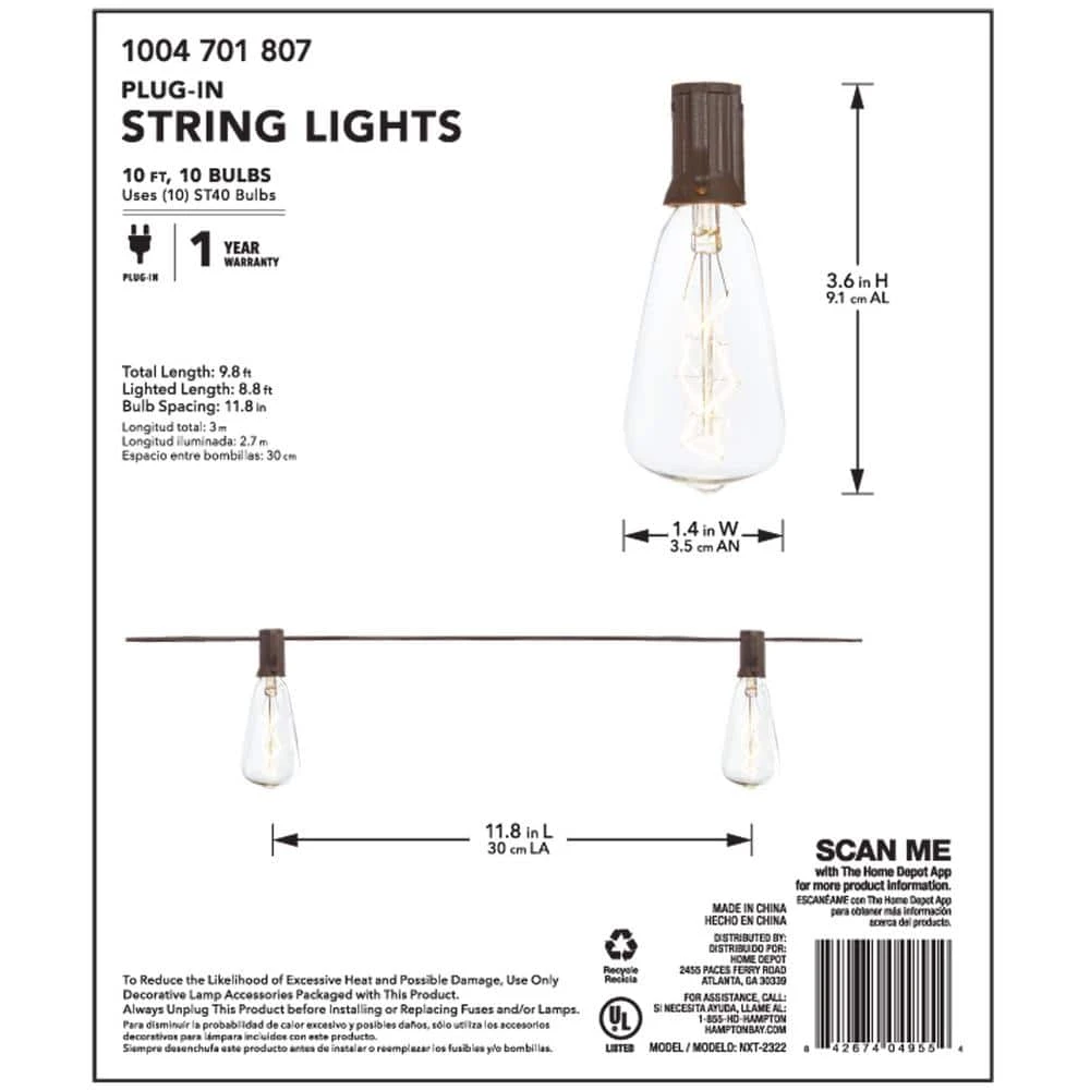 Outdoor/Indoor 10 ft. Light Line Voltage ST40 Vintage Bulb Incandescent String Light (10-Heads) by Hampton Bay 5 Outdoor/Indoor 10 ft. Light Line Voltage ST40 Vintage Bulb Incandescent String Light (10-Heads) by Hampton Bay - Image 5