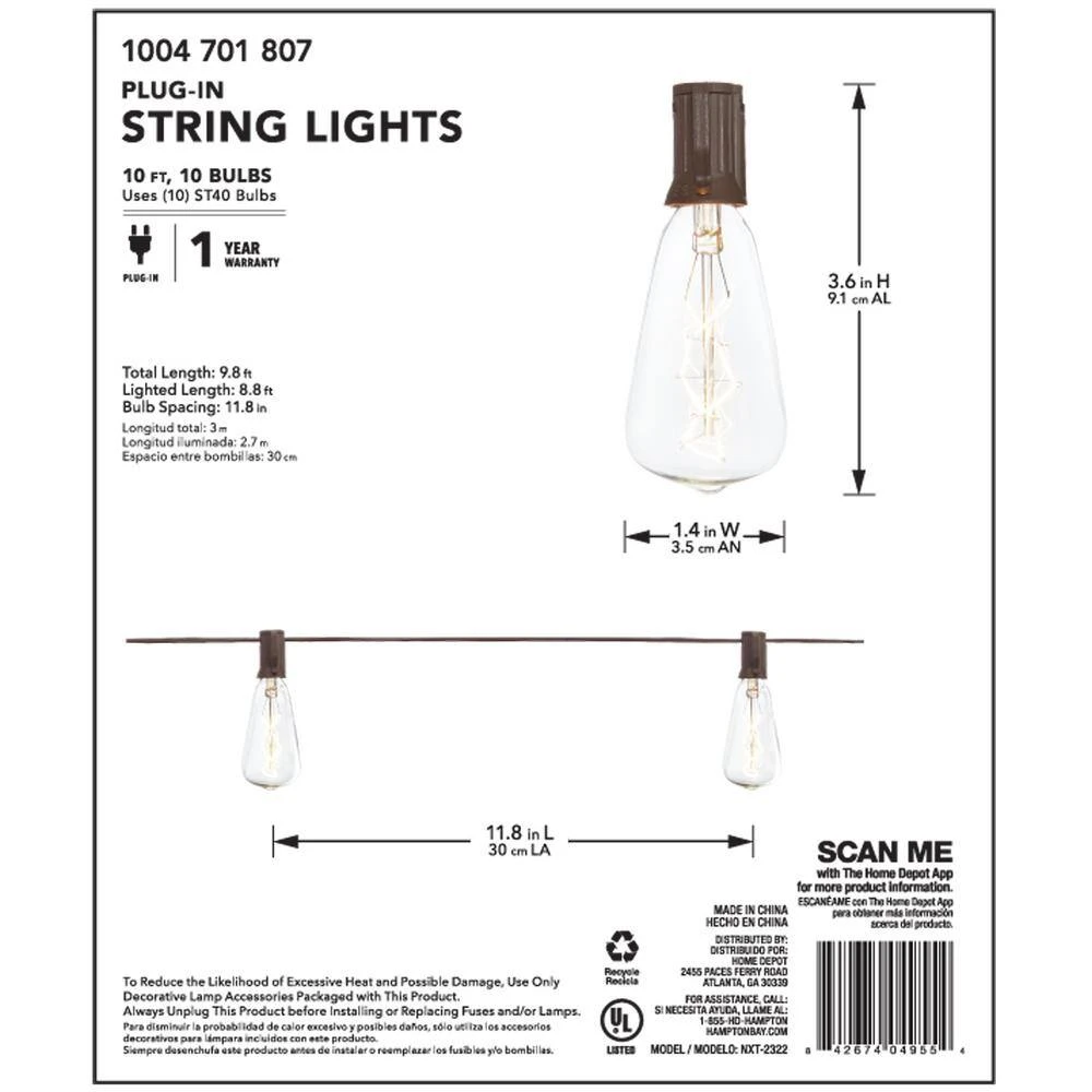 Outdoor/Indoor 10 ft. Light Line Voltage 10-Head ST40 Vintage Bulb Incandescent String Light (6-Pack) by Hampton Bay 4 Outdoor/Indoor 10 ft. Light Line Voltage 10-Head ST40 Vintage Bulb Incandescent String Light (6-Pack) by Hampton Bay - Image 4