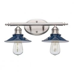 Glenhurst 2-Light Cobalt and Brushed Nickel Industrial Farmhouse Bathroom Vanity Light Fixture with Metal Shades by Hampton Bay