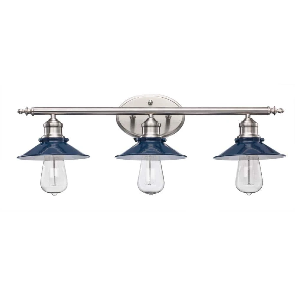 Glenhurst 3-Light Cobalt and Brushed Nickel Industrial Farmhouse Bathroom Vanity Light Fixture with Metal Shades by Hampton Bay 1 Glenhurst 3-Light Cobalt and Brushed Nickel Industrial Farmhouse Bathroom Vanity Light Fixture with Metal Shades by Hampton Bay