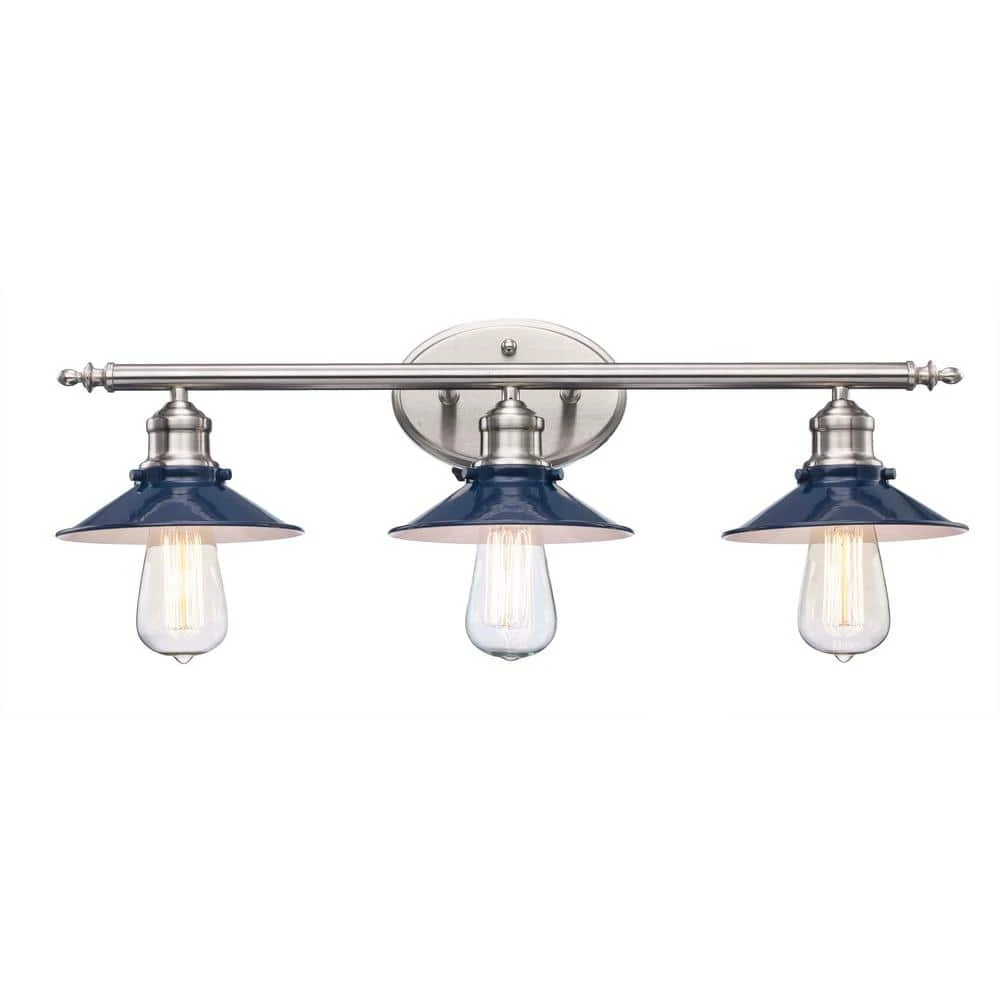 Glenhurst 3-Light Cobalt and Brushed Nickel Industrial Farmhouse Bathroom Vanity Light Fixture with Metal Shades by Hampton Bay 7 Glenhurst 3-Light Cobalt and Brushed Nickel Industrial Farmhouse Bathroom Vanity Light Fixture with Metal Shades by Hampton Bay - Image 7