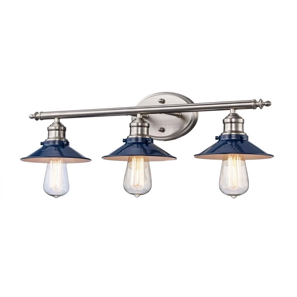 Glenhurst 3-Light Cobalt and Brushed Nickel Industrial Farmhouse Bathroom Vanity Light Fixture with Metal Shades by Hampton Bay 8 Glenhurst 3-Light Cobalt and Brushed Nickel Industrial Farmhouse Bathroom Vanity Light Fixture with Metal Shades by Hampton Bay - Image 8