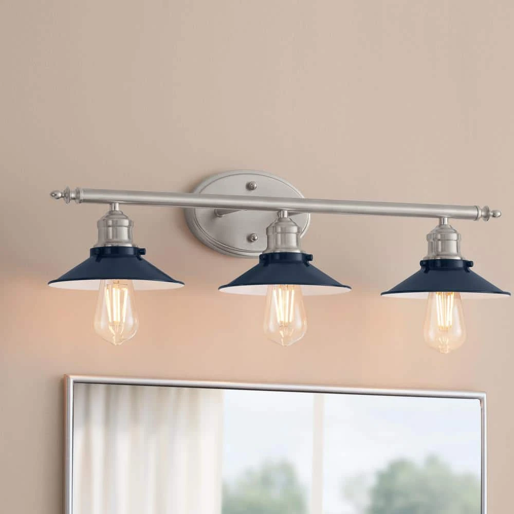 Glenhurst 3-Light Cobalt and Brushed Nickel Industrial Farmhouse Bathroom Vanity Light Fixture with Metal Shades by Hampton Bay 2 Glenhurst 3-Light Cobalt and Brushed Nickel Industrial Farmhouse Bathroom Vanity Light Fixture with Metal Shades by Hampton Bay - Image 2
