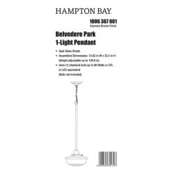 Belvedere Park 1-Light Espresso Bronze Pendant Hanging Light with Frosted Opal Glass Shade, Farmhouse Kitchen Lighting by Hampton Bay -Hampton Bay Sales espresso bronze hampton bay chandeliers kfn8901ax 02 br 1f 1000