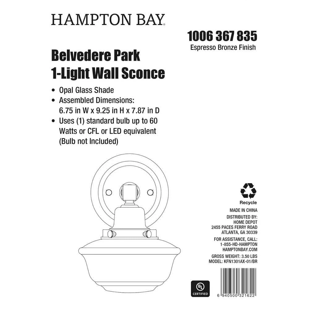 Belvedere Park 5.16 in. 1-Light Espresso Bronze Indoor Wall Farmhouse Sconce with Frosted Opal Glass by Hampton Bay 7 Belvedere Park 5.16 in. 1-Light Espresso Bronze Indoor Wall Farmhouse Sconce with Frosted Opal Glass by Hampton Bay - Image 7