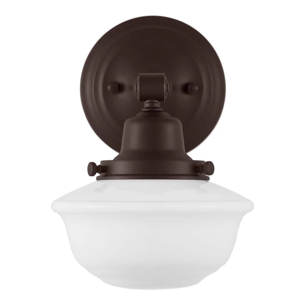 Belvedere Park 5.16 in. 1-Light Espresso Bronze Indoor Wall Farmhouse Sconce with Frosted Opal Glass by Hampton Bay 1 Belvedere Park 5.16 in. 1-Light Espresso Bronze Indoor Wall Farmhouse Sconce with Frosted Opal Glass by Hampton Bay