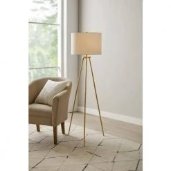 Quinby 58 in. Gold Tripod Floor Lamp with White Fabric Shade by Hampton Bay -Hampton Bay Sales gold hampton bay floor lamps hd6420b 31 1000