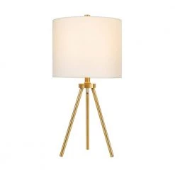 Quinby 22 in. Gold Tripod Table Lamp with White Fabric Shade by Hampton Bay