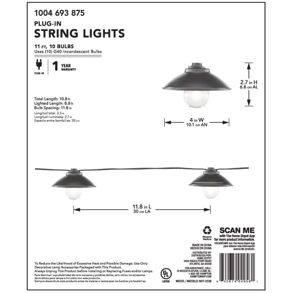 Outdoor/Indoor 11 ft. Line Voltage G40 Bulb Incandescent String Light (10-Heads) by Hampton Bay 4 Outdoor/Indoor 11 ft. Line Voltage G40 Bulb Incandescent String Light (10-Heads) by Hampton Bay - Image 4