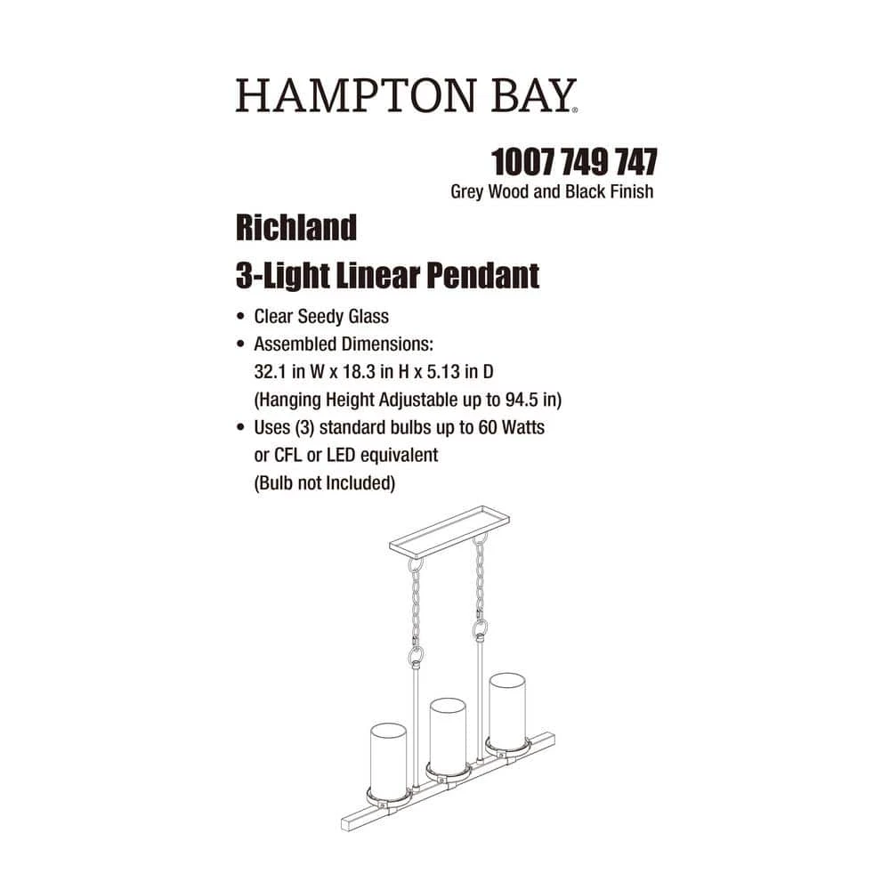 Richland 32 in. W 3-Light Grey Wood Finish Island Linear Pendant with Clear Seedy Glass by Hampton Bay 4 Richland 32 in. W 3-Light Grey Wood Finish Island Linear Pendant with Clear Seedy Glass by Hampton Bay - Image 4