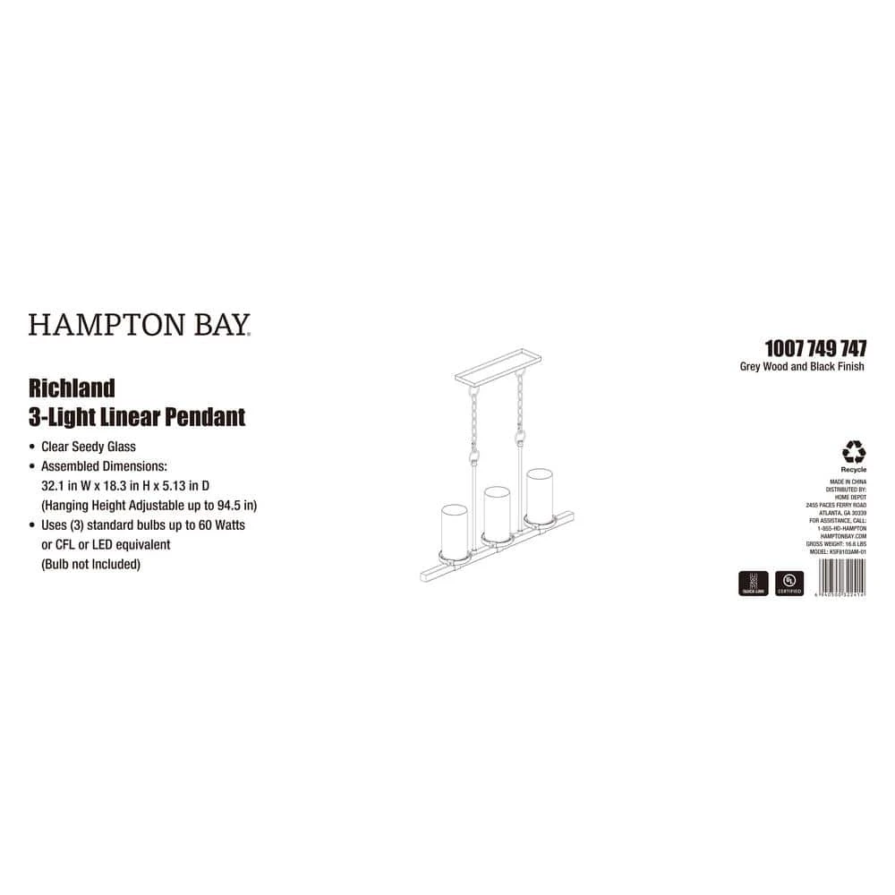 Richland 32 in. W 3-Light Grey Wood Finish Island Linear Pendant with Clear Seedy Glass by Hampton Bay 3 Richland 32 in. W 3-Light Grey Wood Finish Island Linear Pendant with Clear Seedy Glass by Hampton Bay - Image 3