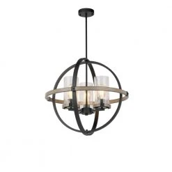 Richland 3-Light Grey Wood Finish Cage Pendant with Clear Seedy Glass by Hampton Bay