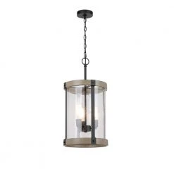 Richland 12-3/8 in. W 3-Light Grey Wood Finish Standard Cylinder Foyer Pendant with Clear Seedy Glass by Hampton Bay