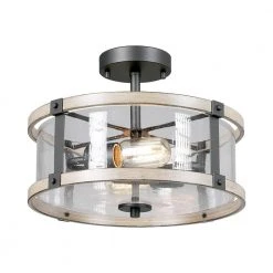 Richland 2-Light Grey Wood Semi Flush Mount Clear Seedy Glass by Hampton Bay
