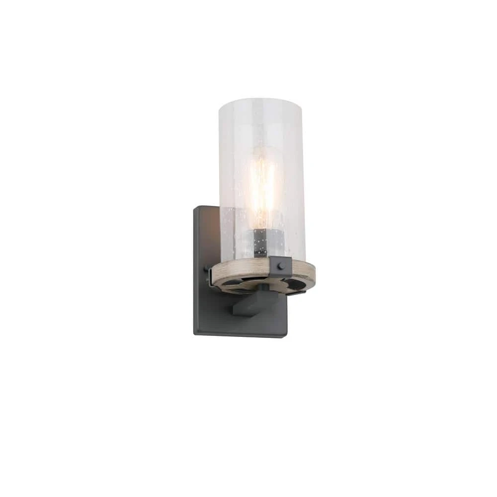 Richland 1-Light Wall Sconce Grey Wood Clear Seedy Glass by Hampton Bay 1 Richland 1-Light Wall Sconce Grey Wood Clear Seedy Glass by Hampton Bay