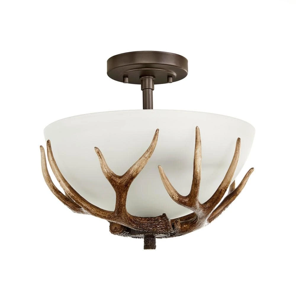 Deer Lake 13 in. 2-Light Handmade Finish Anlter Convertible Semi-Flush Mount by Hampton Bay 1 Deer Lake 13 in. 2-Light Handmade Finish Anlter Convertible Semi-Flush Mount by Hampton Bay