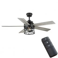 North Grove 52 in. Indoor LED Matte Black Dry Rated Ceiling Fan with 5 Reversible Blades, Light Kit and Remote Control by Hampton Bay