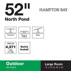 North Pond 52 in. Indoor/Outdoor Matte Black Ceiling Fan with Downrod and Reversible Motor; Light Kit Adaptable by Hampton Bay -Hampton Bay Sales matte black hampton bay ceiling fans without lights 51718 66 1000