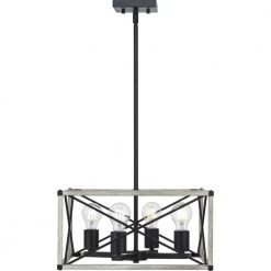 Madison Landing 4-Light Caged Matte Black Rectangular Pendant Hanging Light with Washed White Farmhouse Wood Accents by Hampton Bay -Hampton Bay Sales matte black hampton bay chandeliers 1032hbmbdi 4f 1000