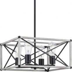 Madison Landing 4-Light Caged Matte Black Rectangular Pendant Hanging Light with Washed White Farmhouse Wood Accents by Hampton Bay